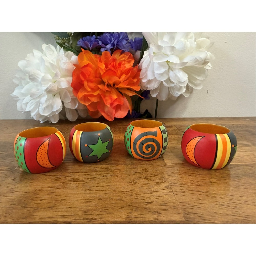 Vintage Hand-Painted Wooden Napkin Rings Set of‎ Four Colourful Abstract Designs